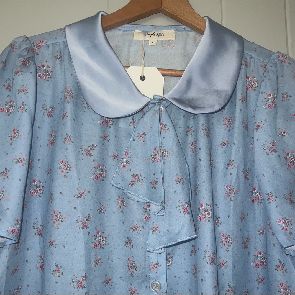 Simple Retro Blue Pink Romantic Bohemian Peter Pan Collar Button Down Top  NWT L - Picture 3 of 10